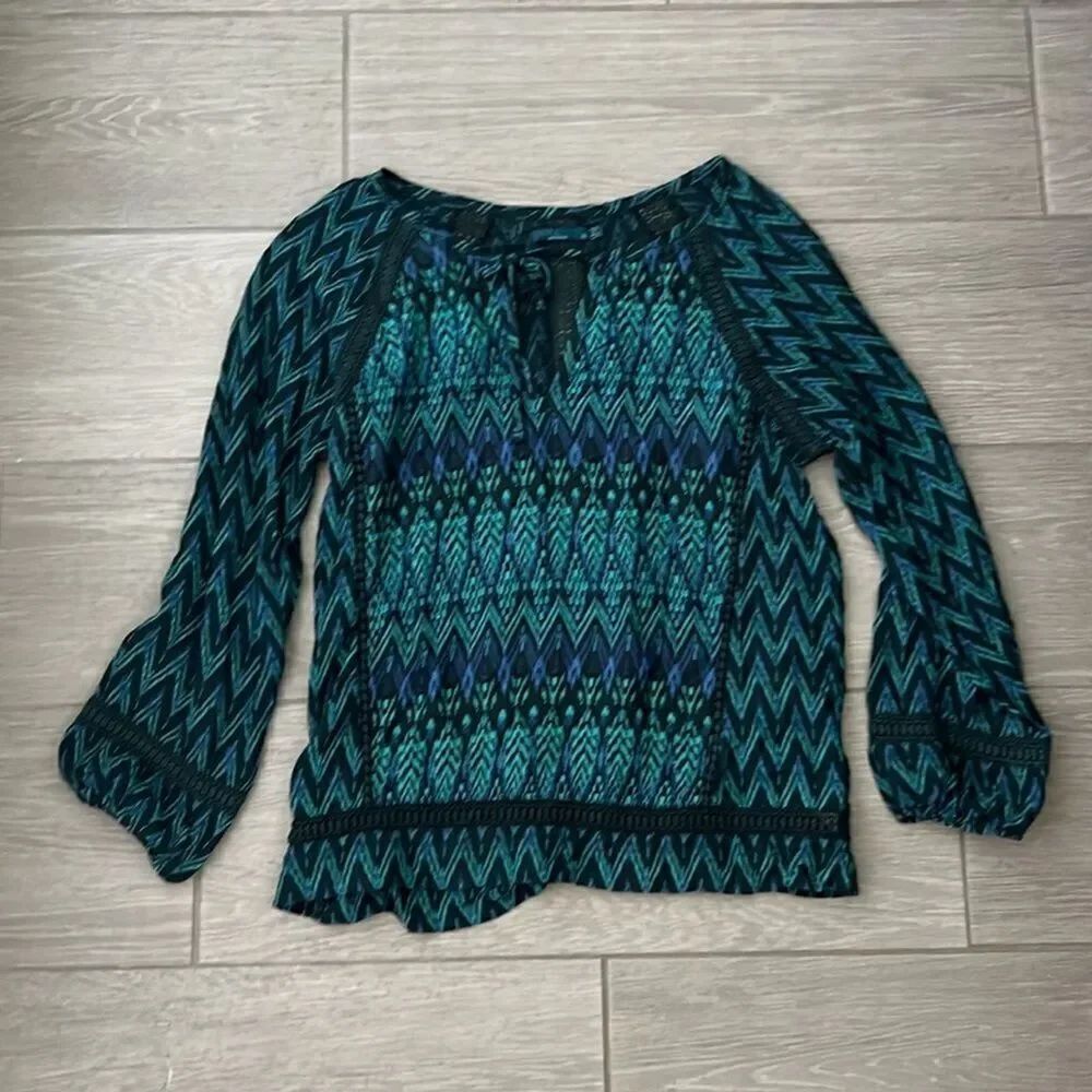 Prana Tacana Peasant Top woven novelty lace boho teal blue green womens medium